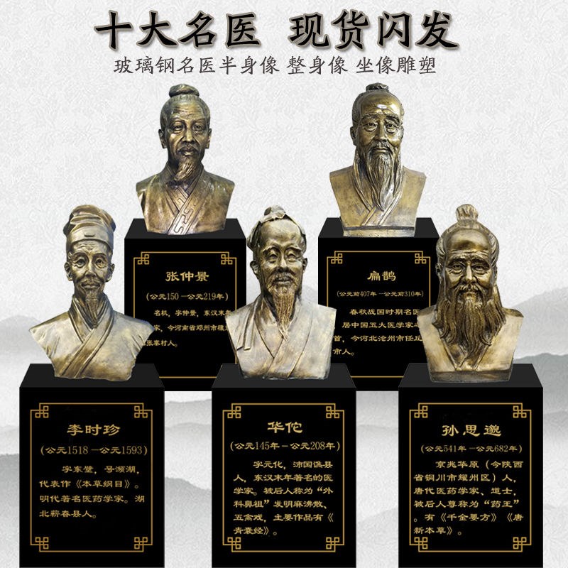 玻璃钢十大名医雕塑李时r珍张仲景华佗孙思邈扁鹊雕像中医文化摆