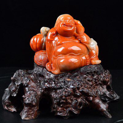 福建寿山石朱砂弥勒摆件人物家居客厅装饰手工雕刻巧色原石工艺品