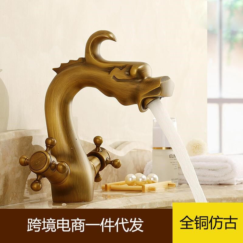 全铜欧式仿古金色水龙头龙形单孔浴室复古黑色洗脸盆面盆龙头冷热