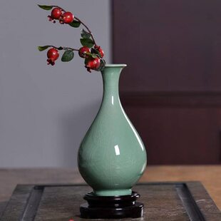 龙泉青瓷玉壶春创意花器摆件陶瓷插花瓶居家办公装饰中式台面花瓶
