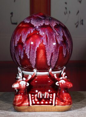 钧瓷福禄寿送长辈贺寿桃摆件中式陶瓷家居客厅博古架装饰工艺品