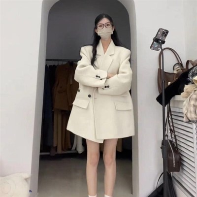 双面羊绒大衣女短款小个子2024新款韩版显瘦呢子西装白色毛呢外套