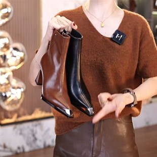 范家正品 带金标 气质好穿金属防撞尖头K侧拉链显瘦真皮高跟短靴