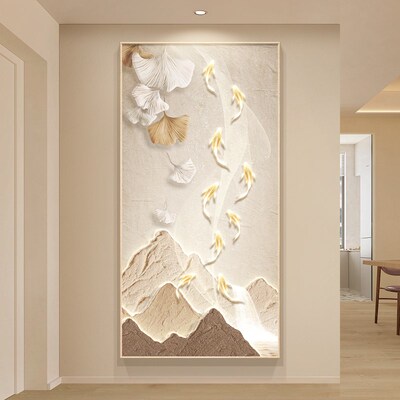 九鱼图玄关装饰画奶油风走廊过道挂画侘寂风高级感肌理入户门壁画