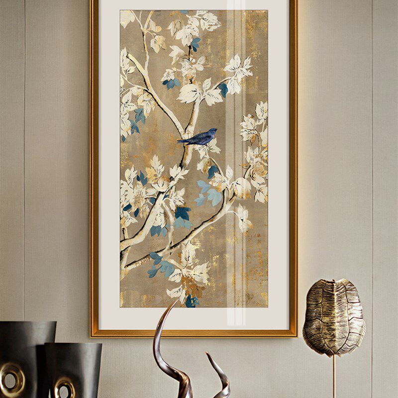三千年 美式竖版玄关装饰画花鸟 新中式走廊过道挂画端景壁画0851