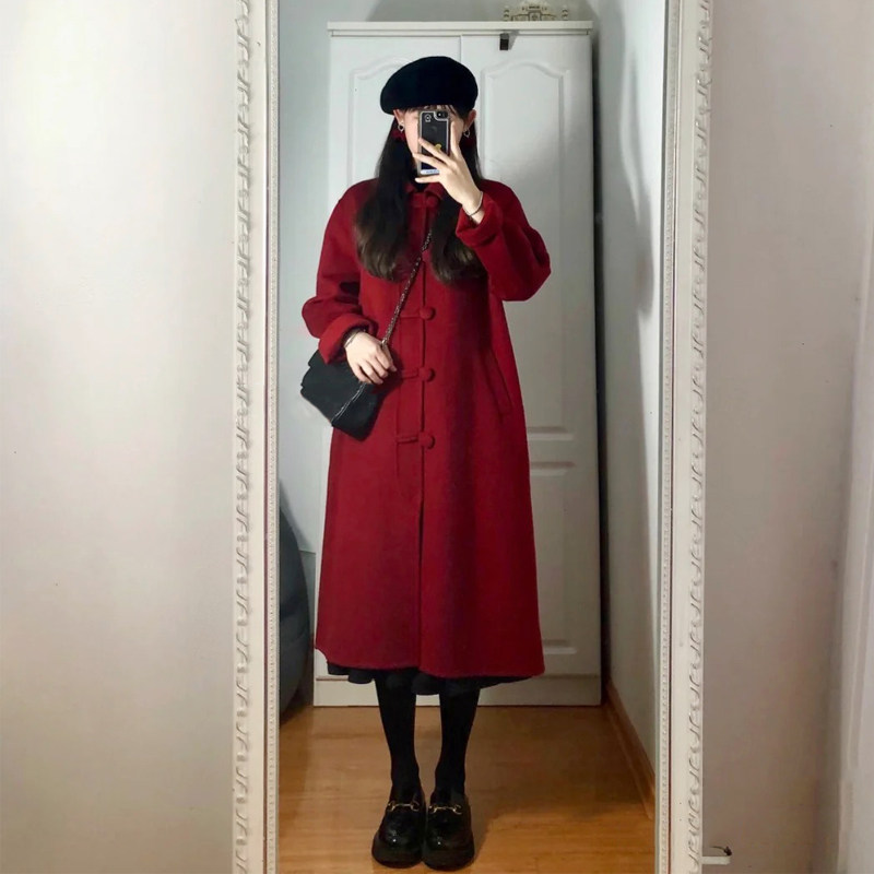高级感红色呢子大衣2023秋冬装韩系赫本风小个子毛呢外套女中长版