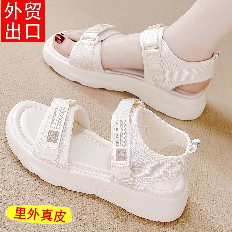 爆款运动凉鞋女夏季2025年新款女士坡跟女款白色厚底松糕鞋魔术贴