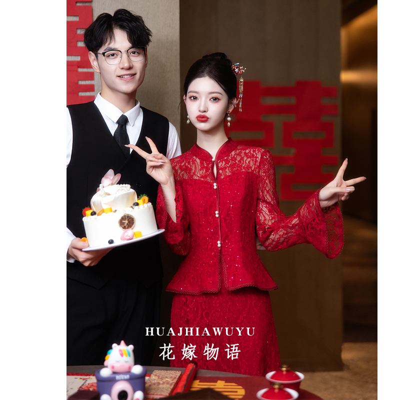 新中式旗袍改良敬酒服2024新款酒红色新娘订婚礼服回门连衣裙秋冬