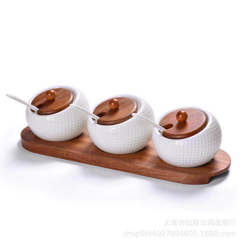 调味瓶罐陶瓷罐厨房家用实木防滑底座轻奢带盖调料收纳罐