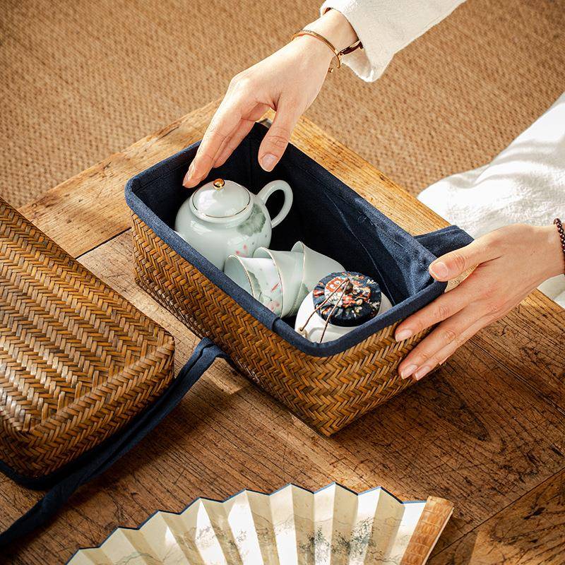 复古茶具收纳盒竹制便携旅行茶具包竹编日式收纳筐桌面收纳篮
