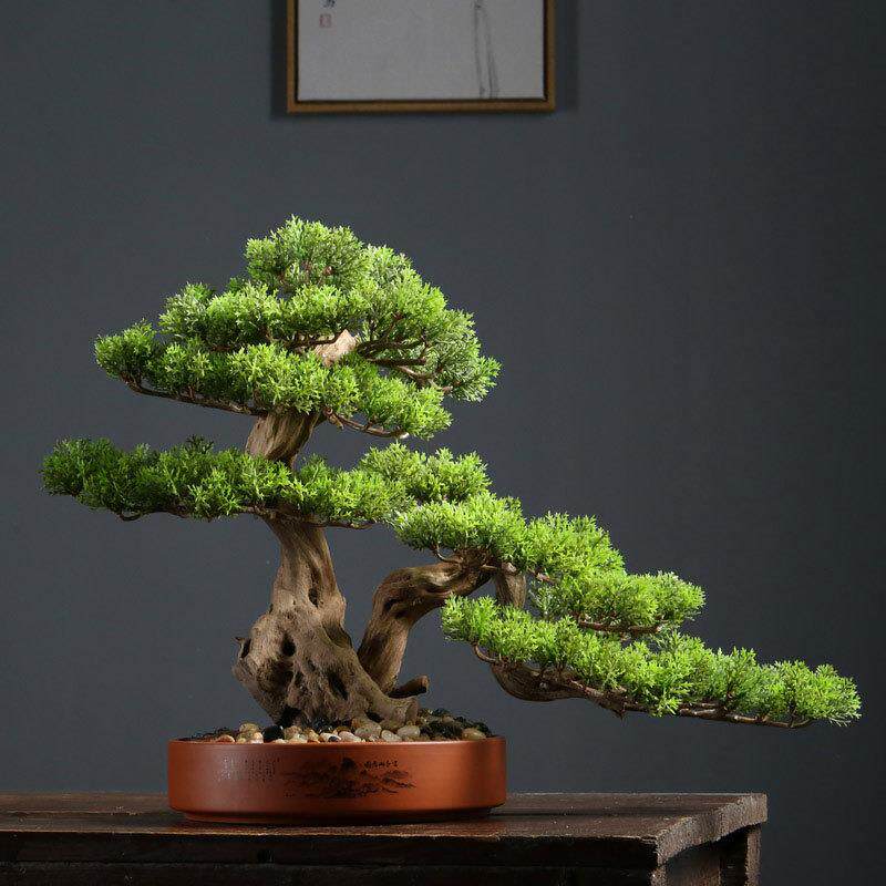 仿真迎客松盆景松新中式玄关客厅装饰实木造型树桌面崖柏松树摆件