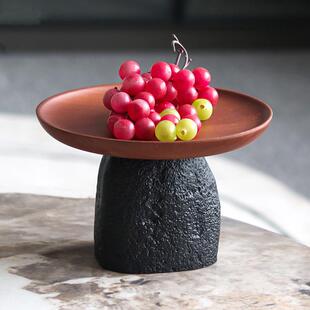 轻奢高脚仿石头底座实木果盘摆件样板间茶几餐桌面收纳盘软装饰品