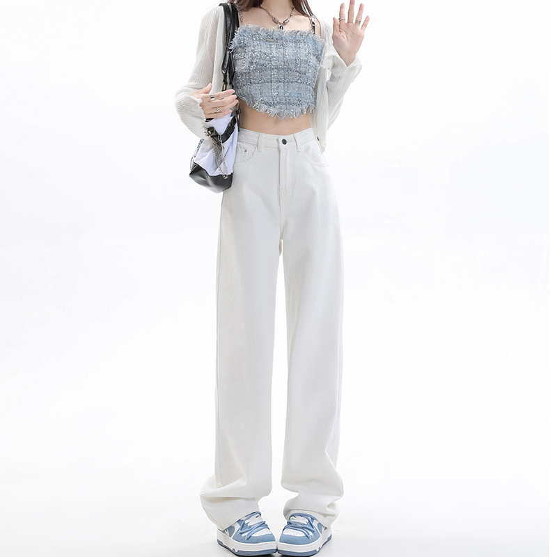 窄版阔腿白色牛仔裤女春秋2025年新款高腰垂感小个子宽松直筒裤子