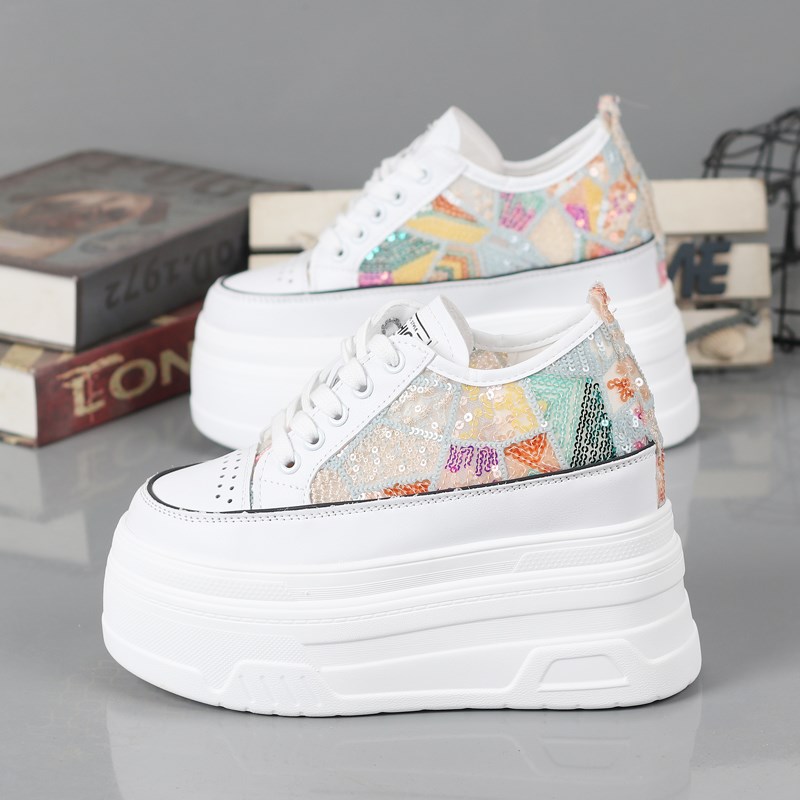 超高跟12cm小i白鞋女小个子厚底内增高10-12cm松糕鞋百搭休闲网鞋