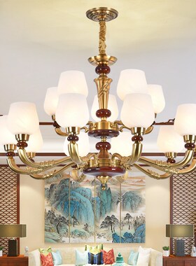 禅意新中式全铜古典创意黑色客厅餐厅卧室覆式楼别墅楼梯云石吊灯