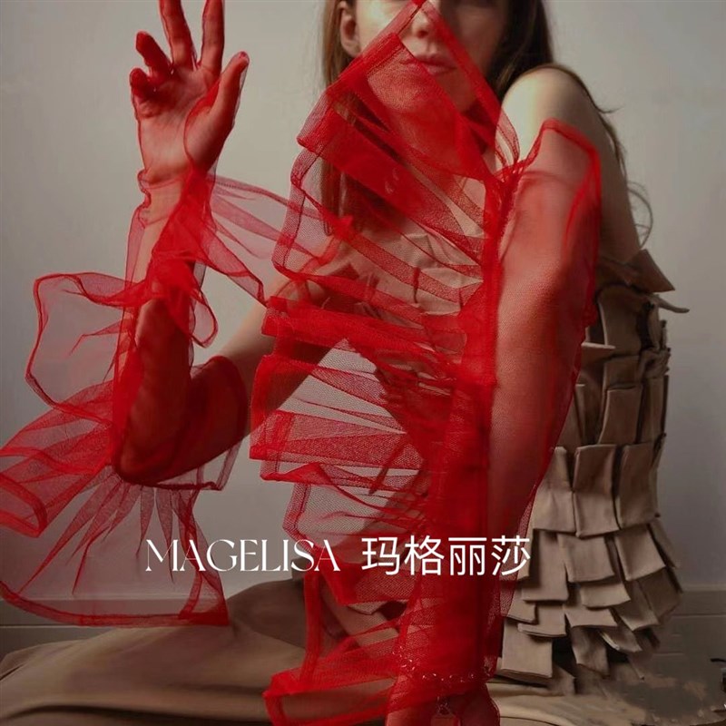 红色荷叶边夸张造型手套婚纱礼服影楼拍照款长款网纱黑色全指手套