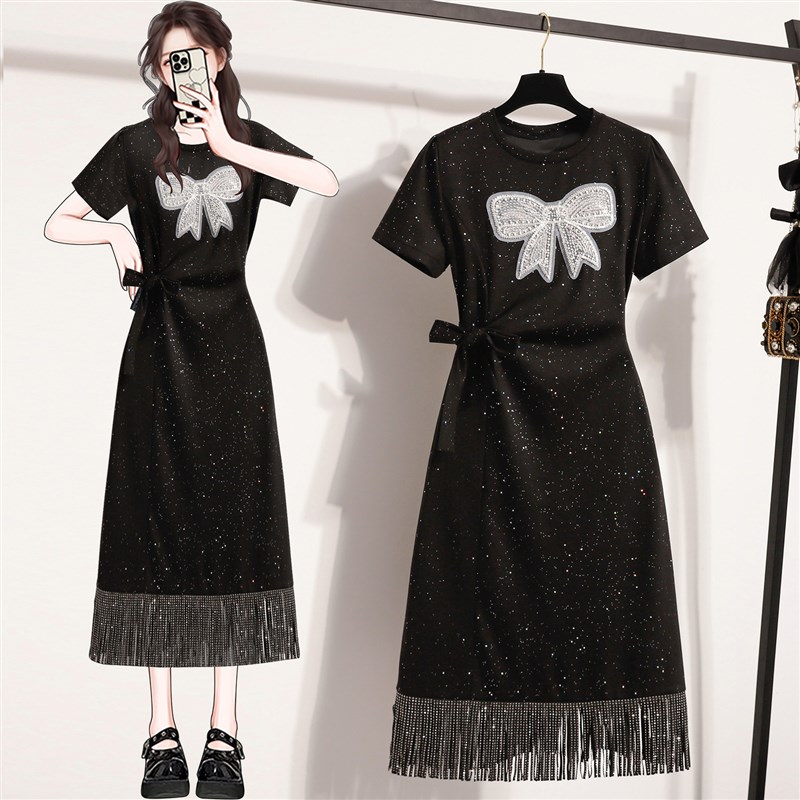 大码高端大气上档次女装2025夏季时尚短袖收腰显瘦休闲气质连衣裙