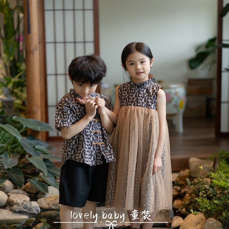 姐弟装-2025新款女童公主网纱裙男童汉服套装新中式连衣裙国风