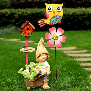 花园庭院网红装饰院子别墅阳台造景风车娃娃花盆幼儿园户外摆件
