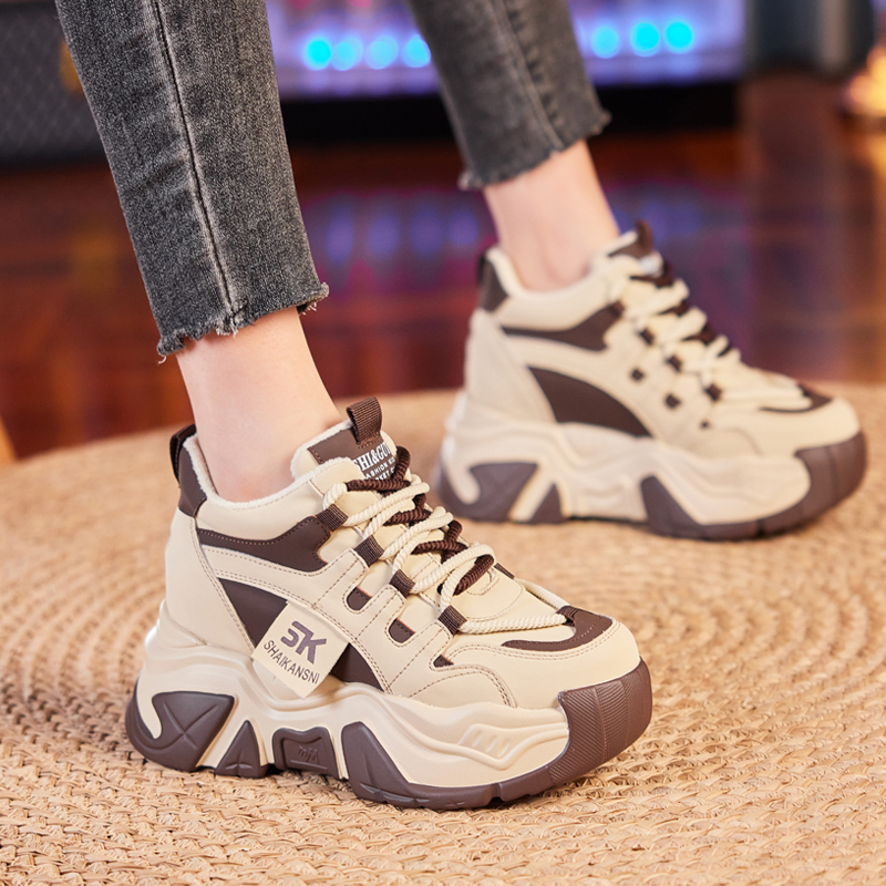 真皮内增b高爆款老爹鞋女8cm加绒秋冬拼色保暖棉鞋厚底松糕休闲鞋