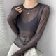 黑色圆领女士长袖 打底衫 t恤初夏防晒罩衫 透明网纱上衣可外穿薄款