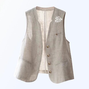 坎肩背心宽松V领棉麻马夹上衣外套7697 亚麻马甲女夏季 刺绣薄款