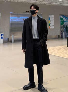 毛呢大衣男冬季韩版中长款男款风衣过膝加厚黑色呢子大衣短款外套