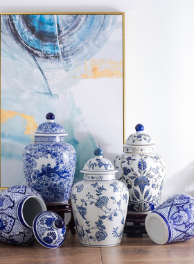 陶瓷器摆件中式家居餐桌客厅装饰品结婚礼物青花瓷仿古陶罐