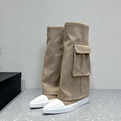 欧货小众平底炸街尖头帆布口袋裤管靴女不过膝2024网红工装长筒靴