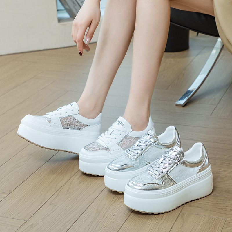 蕾丝网纱透气小白鞋女增高8cm夏新款厚底运动Q凉鞋休闲松糕鞋网鞋