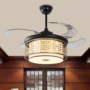 新中式 吊扇灯客厅隐形木叶led风扇灯餐厅电风扇吊灯卧室吸顶吊灯