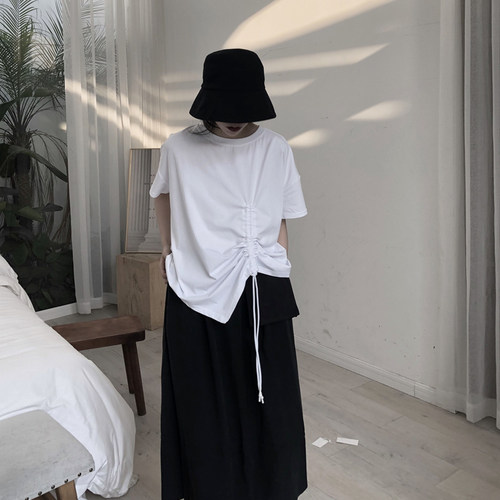 陆与山屿 抽绳拉皱纯色打底衫黑白宽松T恤夏季短袖上衣新款衣服春