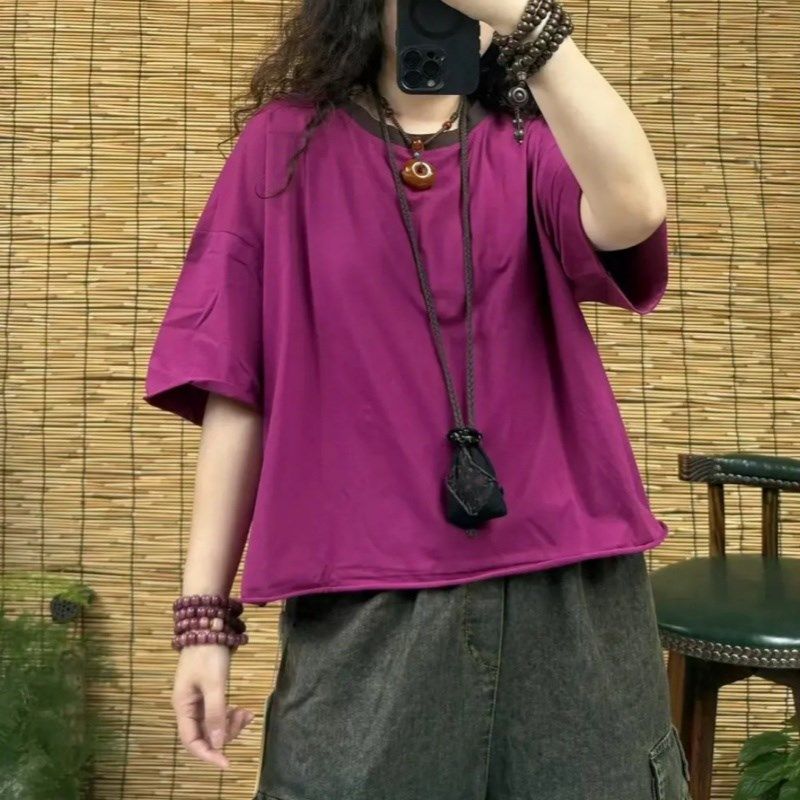 2025年夏季新款复古领子撞色时尚洋气彩色短袖T恤女宽松百搭上衣
