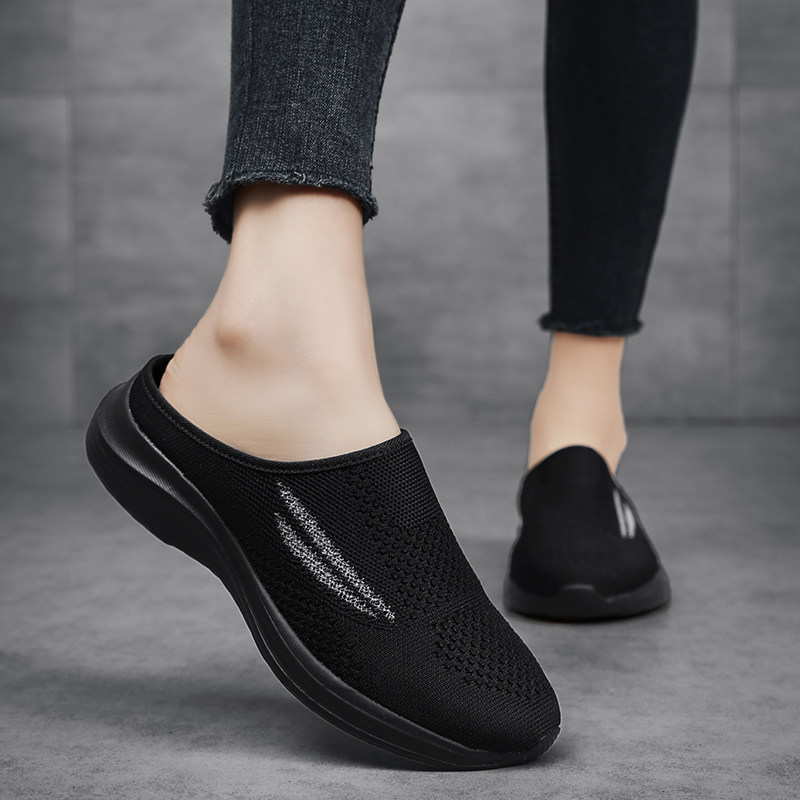 黑色包头半拖女鞋春秋外穿妈妈拖鞋大码41一43宽胖脚孕妇居家鞋子