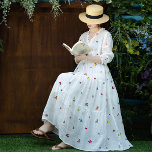 【飞花令】文艺刺绣交领连衣裙女夏季苎麻浪漫温柔裙子收腰显气质
