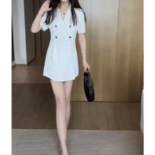 2024夏季新款韩版洋气时尚西装领连衣裙套装女高腰短裤纯色两件套