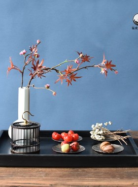 黑色托盘新中式木茶盘样板间客厅茶室茶几花瓶花艺U组合摆件装饰