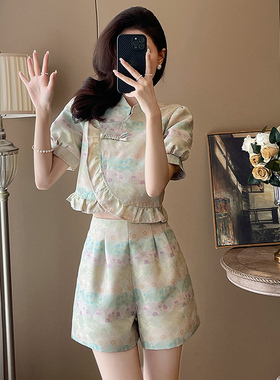 新中式复古碎花套装女夏季短款荷叶边短袖上衣高腰阔腿裤两件套潮