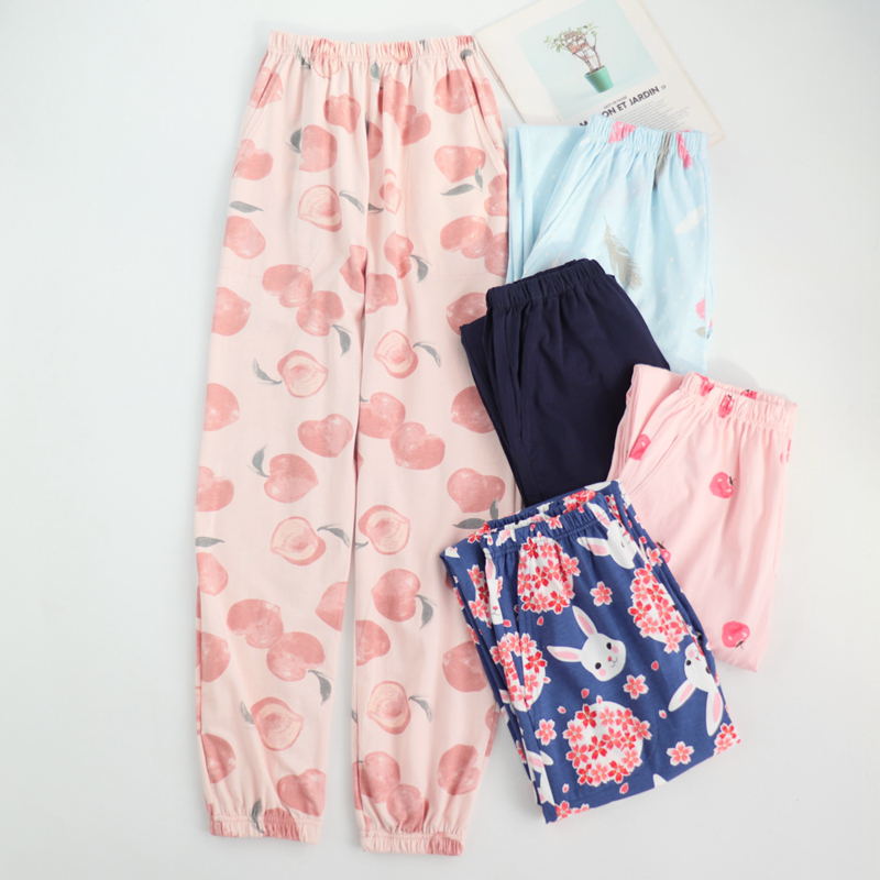 针织纯棉睡裤h女春夏薄款全棉家居裤收腿大码加肥弹力卡通可爱兔C