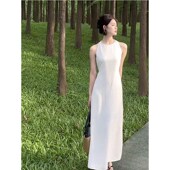 新款 法式 复古赫本风白色连衣裙女夏季 小众气质收腰显瘦背心长裙子