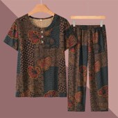 套装 老年人女装 T恤薄款 老婆婆夏装 奶奶居家短袖 70岁妈妈棉绸衣服