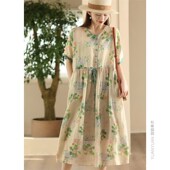 园园美衣复古文艺印花苎麻连衣裙女抽绳高腰大摆裙气质过膝长裙