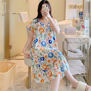 绵短袖 连衣裙加肥加大码 碎花家居服天 女士棉绸睡裙子宽松薄款 夏季