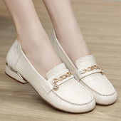 单鞋 头层牛皮漆皮春鞋 2024新款 平跟软底K圆头米白色配裙子真皮女