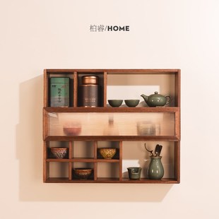 新中式纯实木挂墙多宝阁茶杯摆件杯子收纳置物架桌面壁挂式博古架