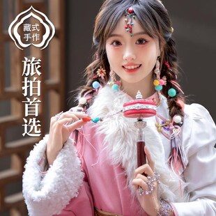 藏族转经简轮铜手摇亚青红皮金色手摇转筒西藏式家用摆件手持转桶