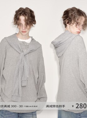 出逃赤岗西 慵懒风灰色长袖T恤女初秋宽松连帽披肩两件套打底上衣