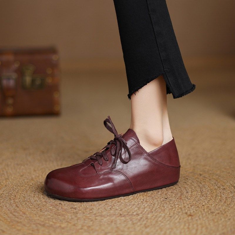 2025春季新款真皮内增高英伦风小皮鞋女平底圆头系带擦色复古单鞋,女鞋,深口单鞋,淘宝优惠券,粉丝福利购,淘宝优惠卷