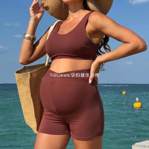 孕妇泳衣分体套装游泳衣平角背心两件套高腰托腹保守不勒肚子孕期