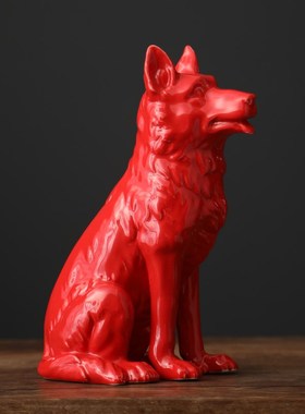 红色陶瓷狗摆件客厅招财旺财十二生肖瓷器狗雕塑家居工艺品摆设